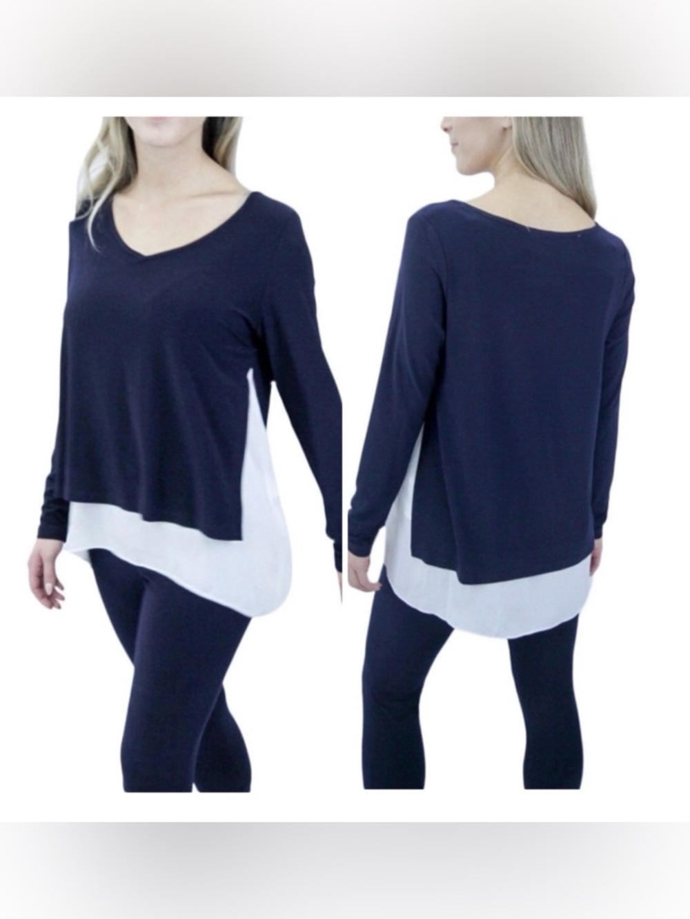 Joseph Ribkoff Navy White Layered V-Neck Coastal Long Sleeve Top Size 10